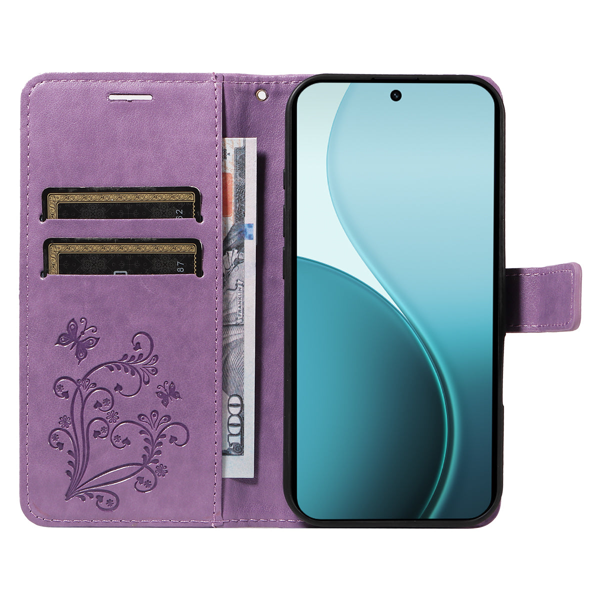 For Oppo Reno14 Pro 5G (China) / Oppo Reno14 Pro 5G (Global) Wallet Case Floral Butterfly Imprinted Leather Phone Cover Stand - Light Purple