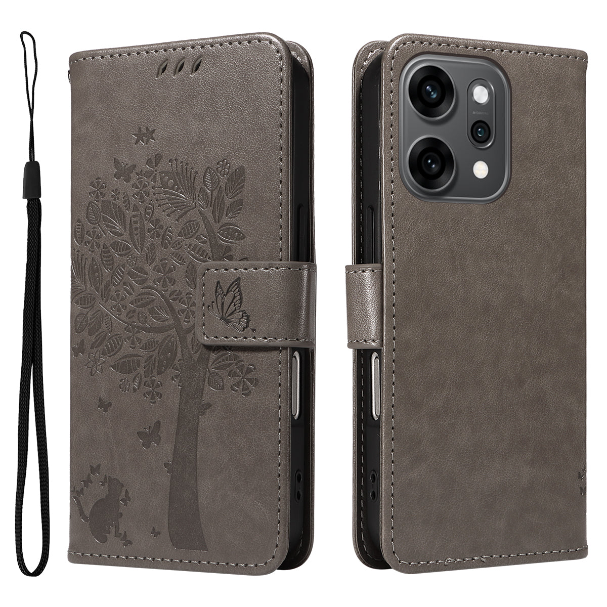 For Oppo Reno14 Pro 5G (China) / Oppo Reno14 Pro 5G (Global) Phone Case with Stand Cat Tree Pattern Leather Wallet Mobile Cover - Grey