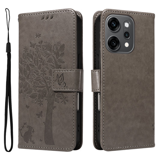 For Oppo Reno14 Pro 5G (China) / Oppo Reno14 Pro 5G (Global) Phone Case with Stand Cat Tree Pattern Leather Wallet Mobile Cover - Grey