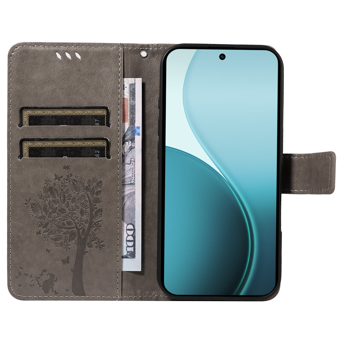 For Oppo Reno14 Pro 5G (China) / Oppo Reno14 Pro 5G (Global) Phone Case with Stand Cat Tree Pattern Leather Wallet Mobile Cover - Grey