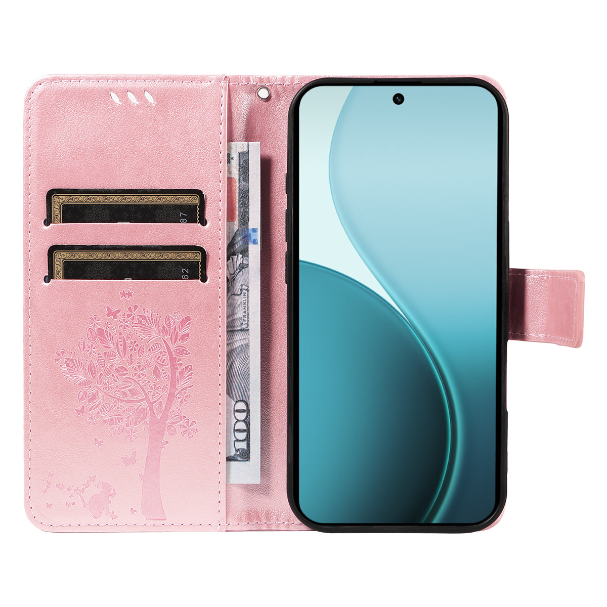 For Oppo Reno14 Pro 5G (China) / Oppo Reno14 Pro 5G (Global) Phone Case with Stand Cat Tree Pattern Leather Wallet Mobile Cover - Rose Gold