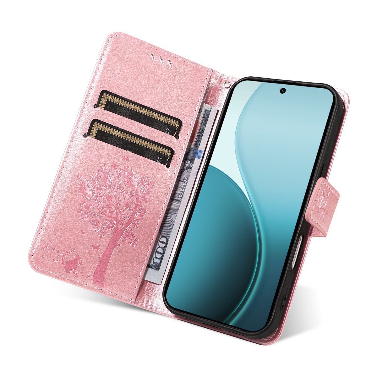 For Oppo Reno14 Pro 5G (China) / Oppo Reno14 Pro 5G (Global) Phone Case with Stand Cat Tree Pattern Leather Wallet Mobile Cover - Rose Gold