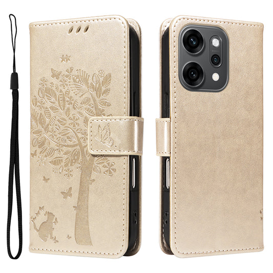 For Oppo Reno14 Pro 5G (China) / Oppo Reno14 Pro 5G (Global) Phone Case with Stand Cat Tree Pattern Leather Wallet Mobile Cover - Gold