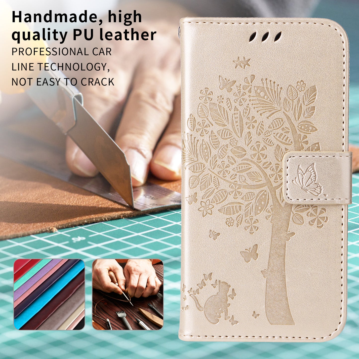 For Oppo Reno14 Pro 5G (China) / Oppo Reno14 Pro 5G (Global) Phone Case with Stand Cat Tree Pattern Leather Wallet Mobile Cover - Gold