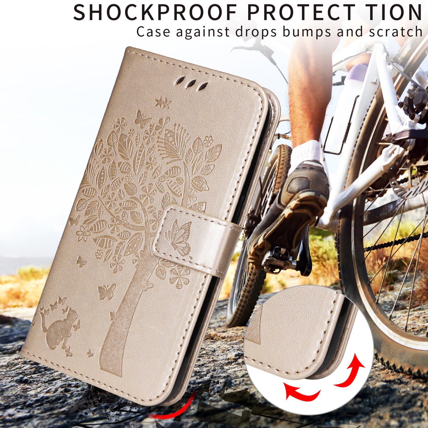 For Oppo Reno14 Pro 5G (China) / Oppo Reno14 Pro 5G (Global) Phone Case with Stand Cat Tree Pattern Leather Wallet Mobile Cover - Gold