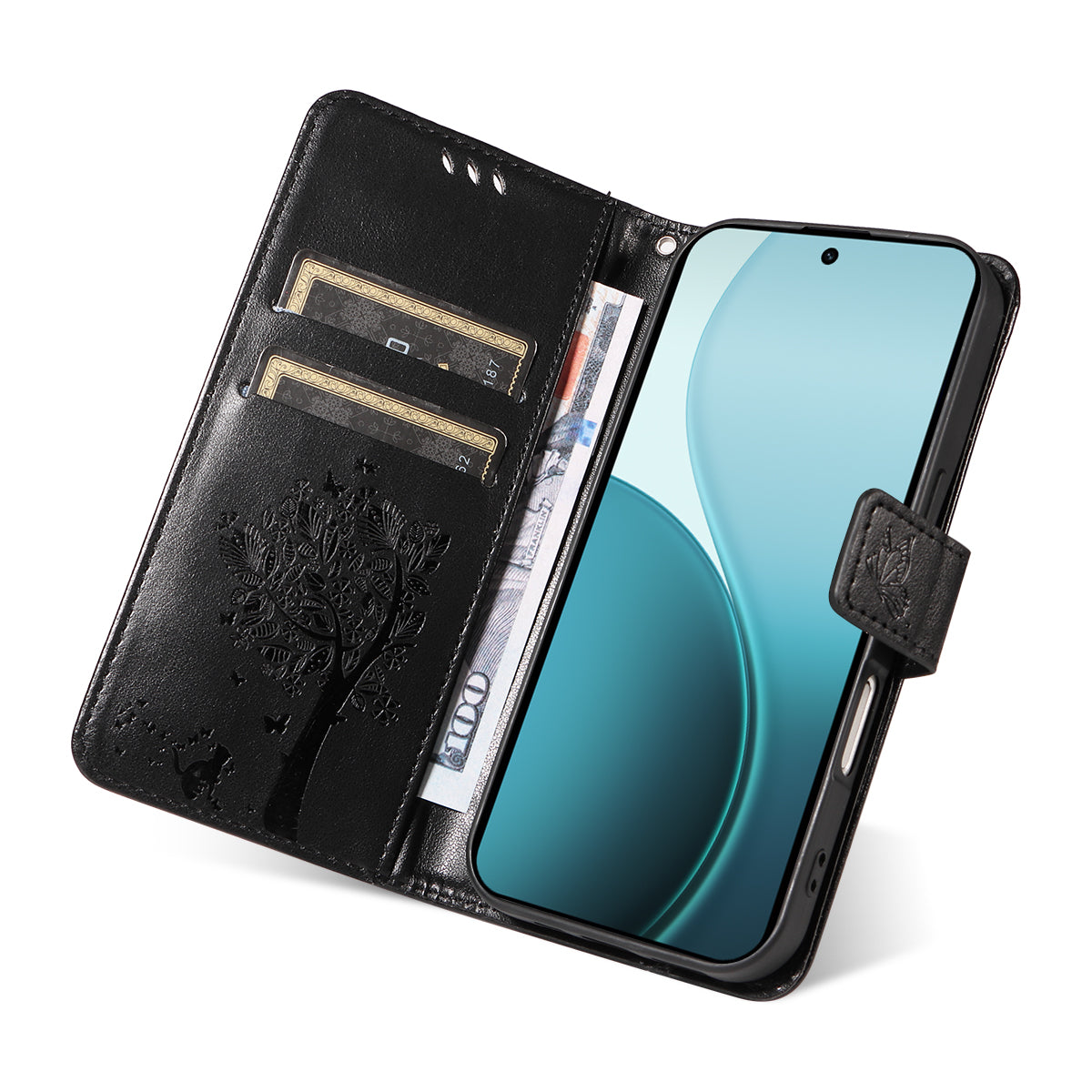 For Oppo Reno14 Pro 5G (China) / Oppo Reno14 Pro 5G (Global) Phone Case with Stand Cat Tree Pattern Leather Wallet Mobile Cover -  Black