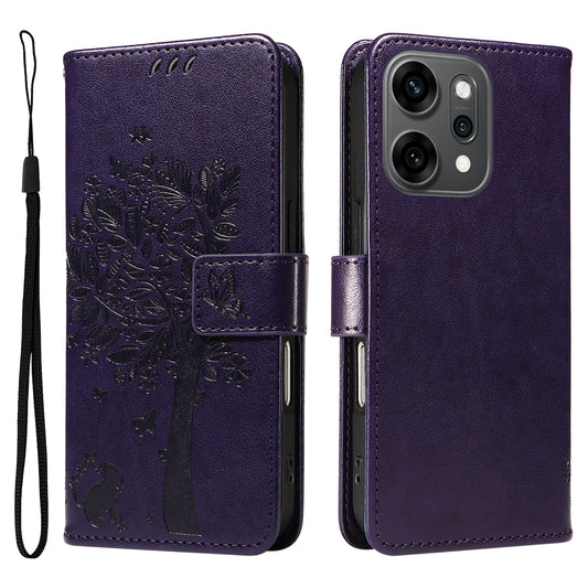 For Oppo Reno14 Pro 5G (China) / Oppo Reno14 Pro 5G (Global) Phone Case with Stand Cat Tree Pattern Leather Wallet Mobile Cover - Purple