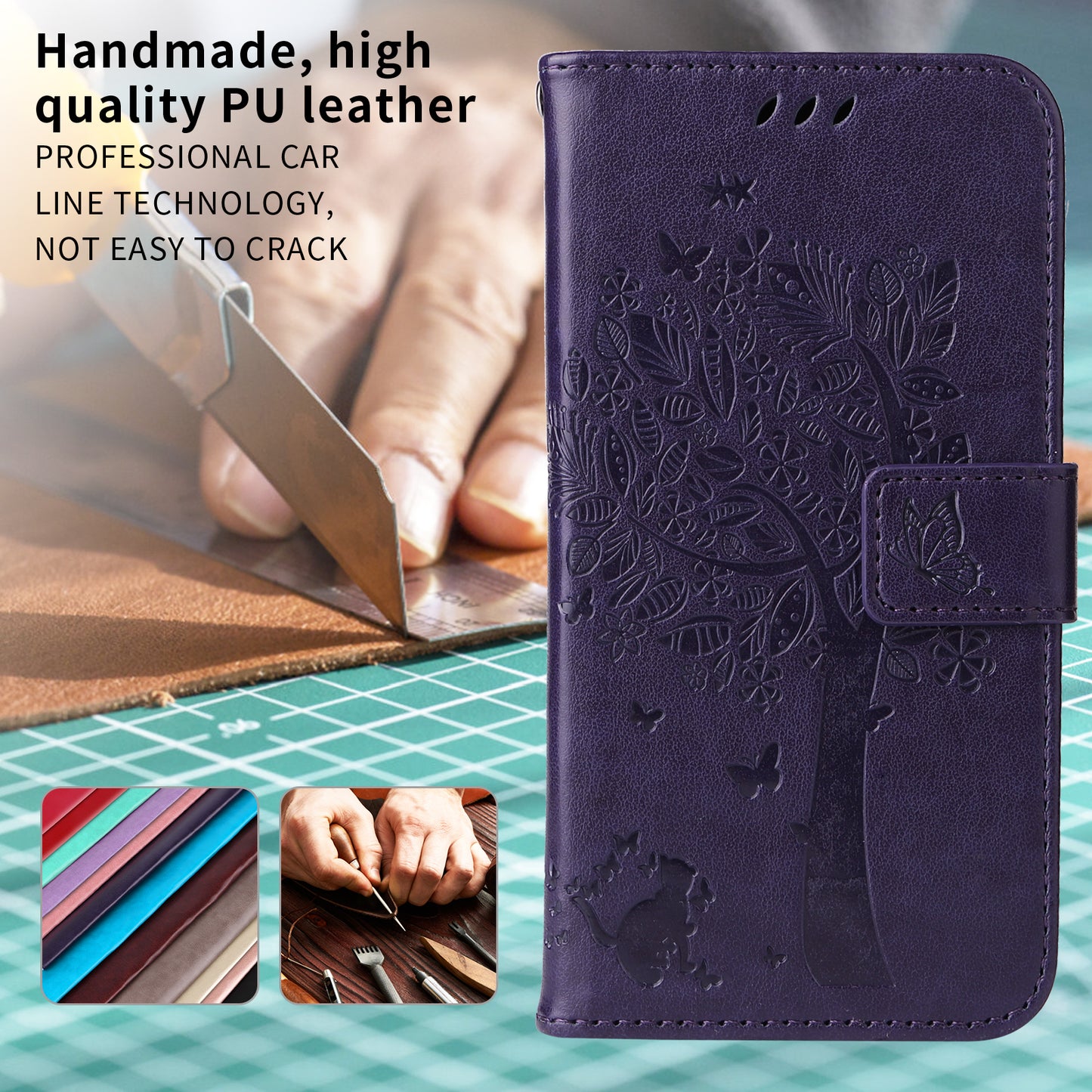 For Oppo Reno14 Pro 5G (China) / Oppo Reno14 Pro 5G (Global) Phone Case with Stand Cat Tree Pattern Leather Wallet Mobile Cover - Purple