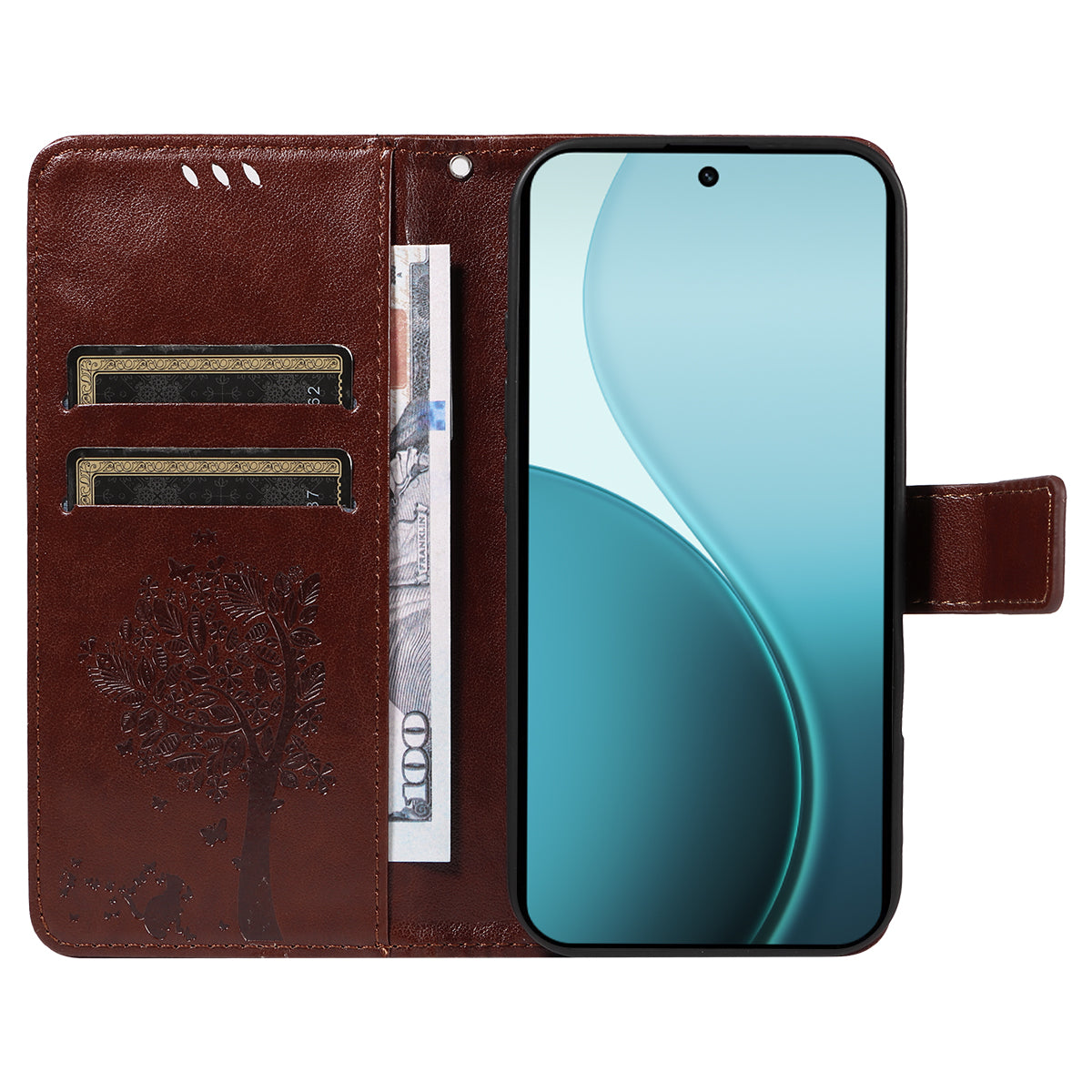 For Oppo Reno14 Pro 5G (China) / Oppo Reno14 Pro 5G (Global) Phone Case with Stand Cat Tree Pattern Leather Wallet Mobile Cover - Coffee