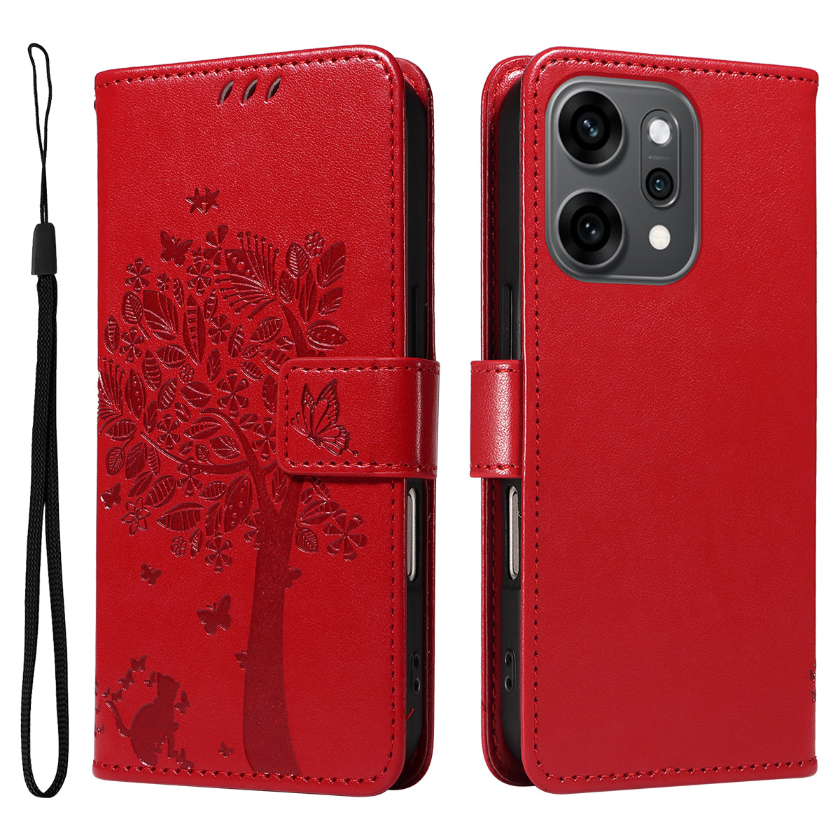 For Oppo Reno14 Pro 5G (China) / Oppo Reno14 Pro 5G (Global) Phone Case with Stand Cat Tree Pattern Leather Wallet Mobile Cover - Red