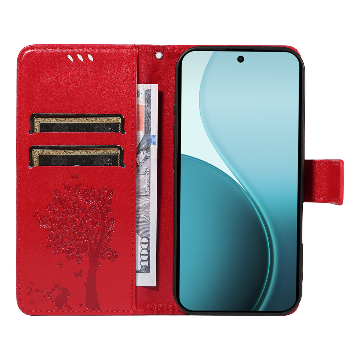 For Oppo Reno14 Pro 5G (China) / Oppo Reno14 Pro 5G (Global) Phone Case with Stand Cat Tree Pattern Leather Wallet Mobile Cover - Red