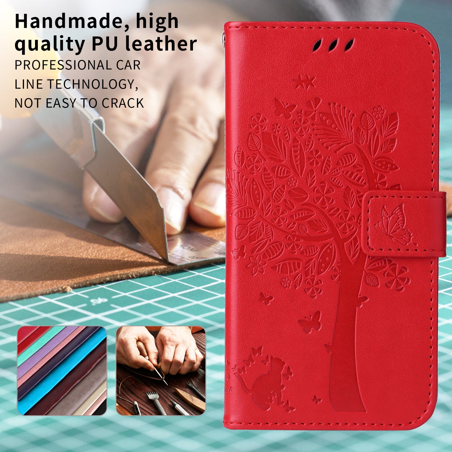 For Oppo Reno14 Pro 5G (China) / Oppo Reno14 Pro 5G (Global) Phone Case with Stand Cat Tree Pattern Leather Wallet Mobile Cover - Red
