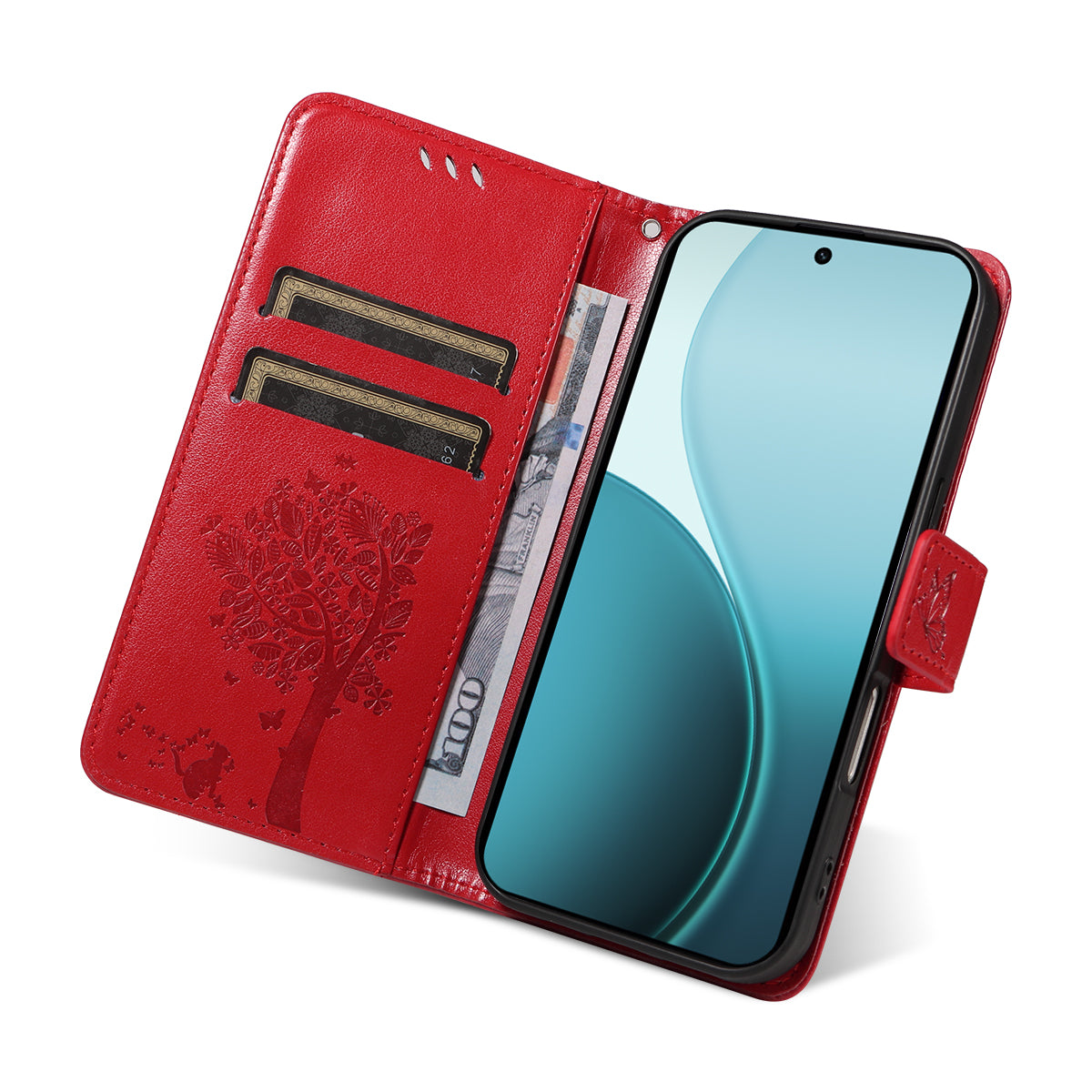 For Oppo Reno14 Pro 5G (China) / Oppo Reno14 Pro 5G (Global) Phone Case with Stand Cat Tree Pattern Leather Wallet Mobile Cover - Red