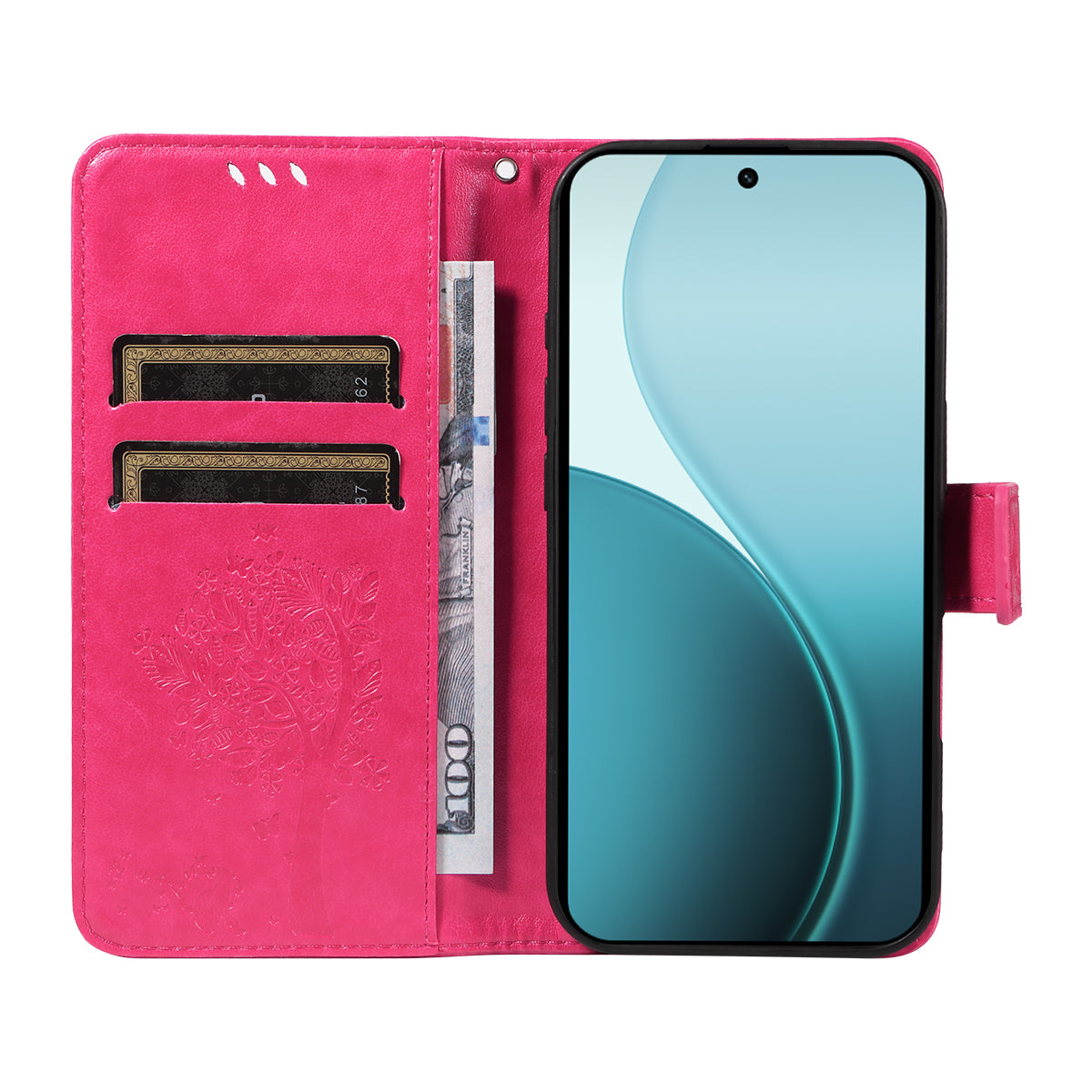 For Oppo Reno14 Pro 5G (China) / Oppo Reno14 Pro 5G (Global) Phone Case with Stand Cat Tree Pattern Leather Wallet Mobile Cover - Rose