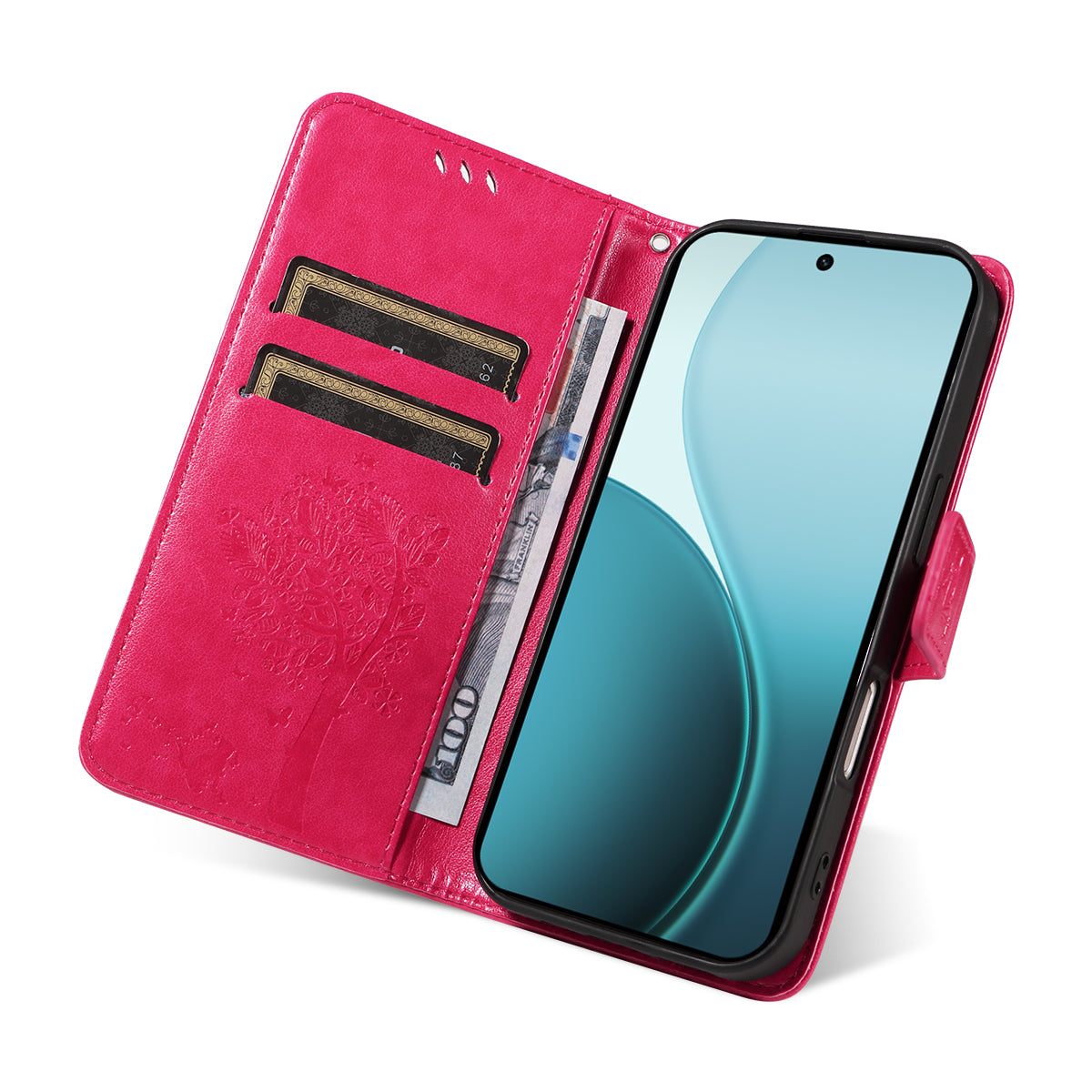 For Oppo Reno14 Pro 5G (China) / Oppo Reno14 Pro 5G (Global) Phone Case with Stand Cat Tree Pattern Leather Wallet Mobile Cover - Rose