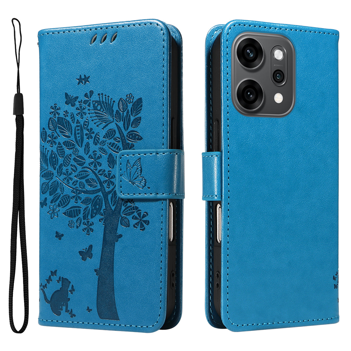 For Oppo Reno14 Pro 5G (China) / Oppo Reno14 Pro 5G (Global) Phone Case with Stand Cat Tree Pattern Leather Wallet Mobile Cover - Blue