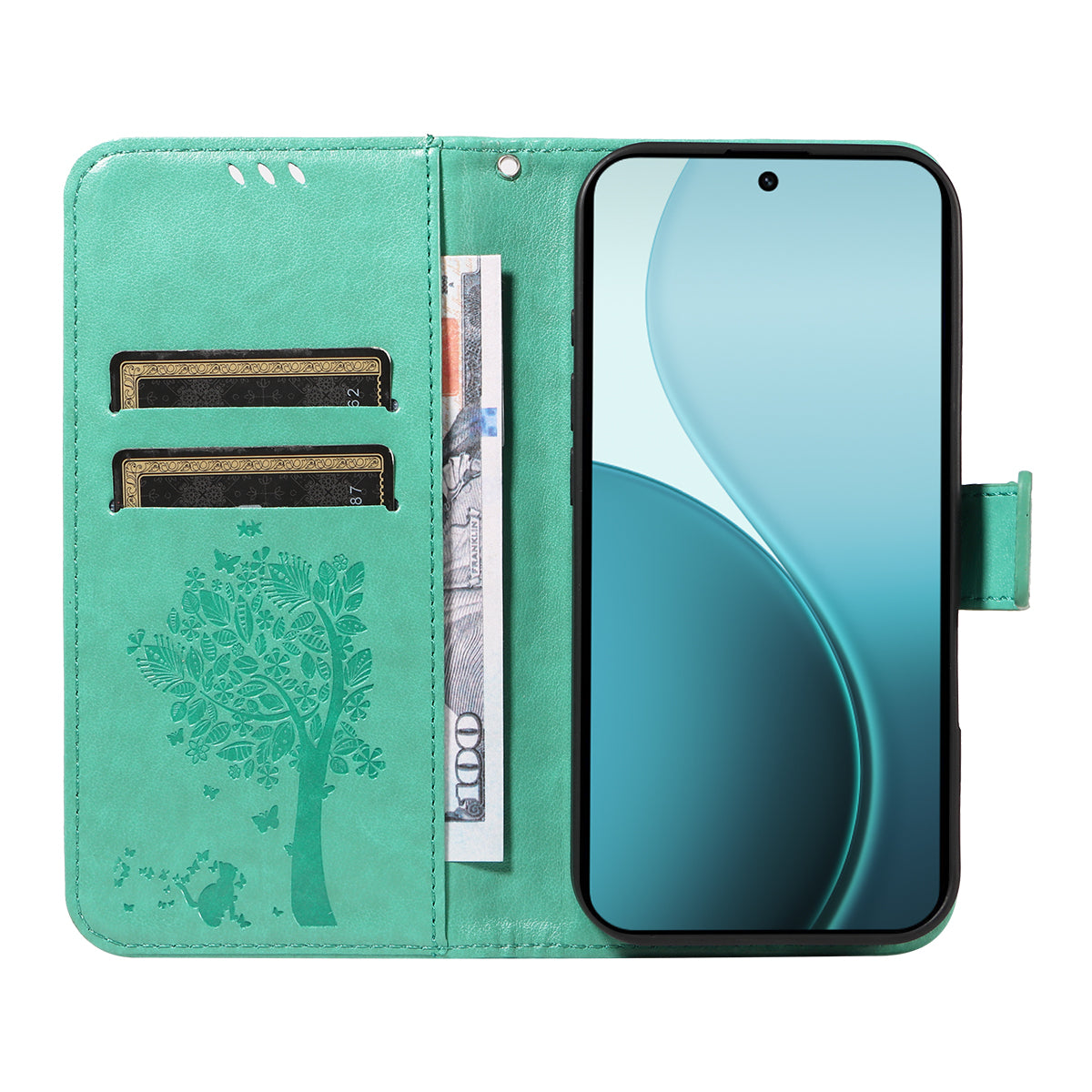 For Oppo Reno14 Pro 5G (China) / Oppo Reno14 Pro 5G (Global) Phone Case with Stand Cat Tree Pattern Leather Wallet Mobile Cover - Green