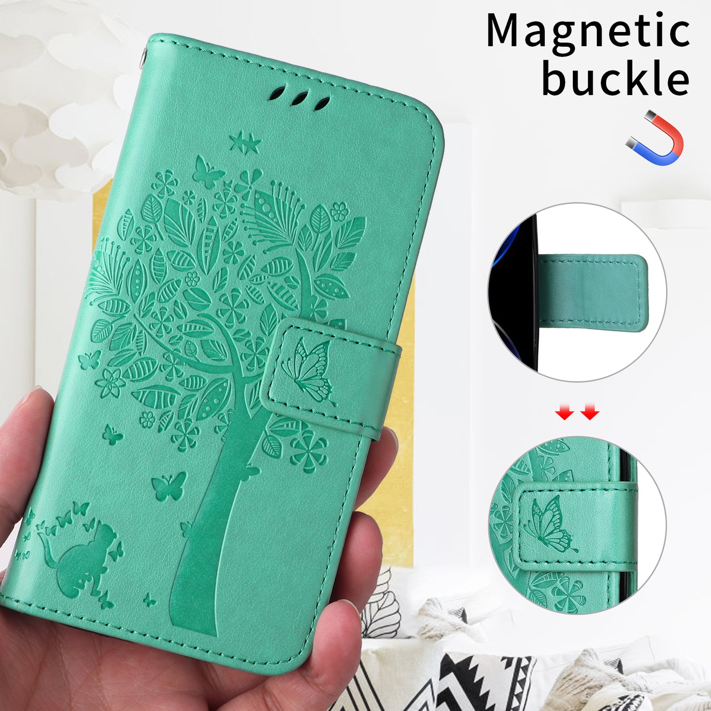 For Oppo Reno14 Pro 5G (China) / Oppo Reno14 Pro 5G (Global) Phone Case with Stand Cat Tree Pattern Leather Wallet Mobile Cover - Green