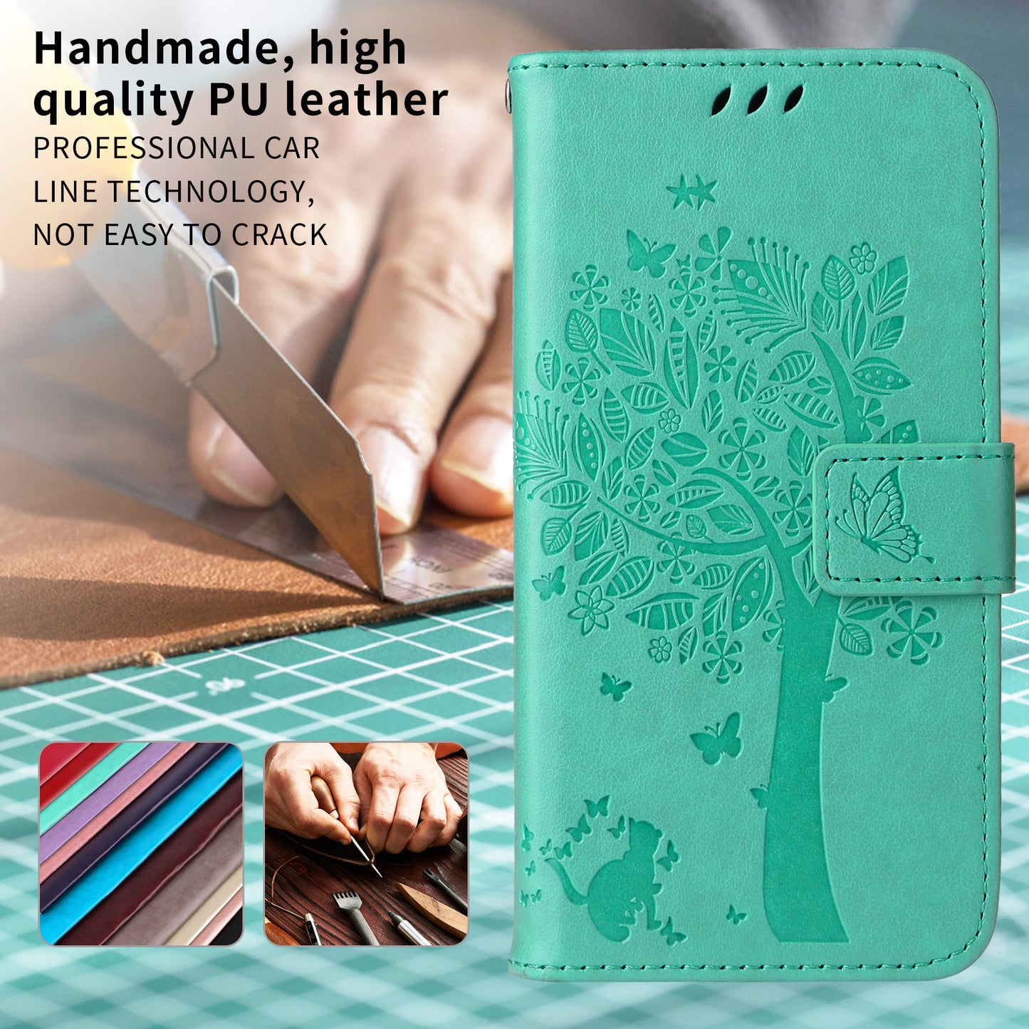 For Oppo Reno14 Pro 5G (China) / Oppo Reno14 Pro 5G (Global) Phone Case with Stand Cat Tree Pattern Leather Wallet Mobile Cover - Green