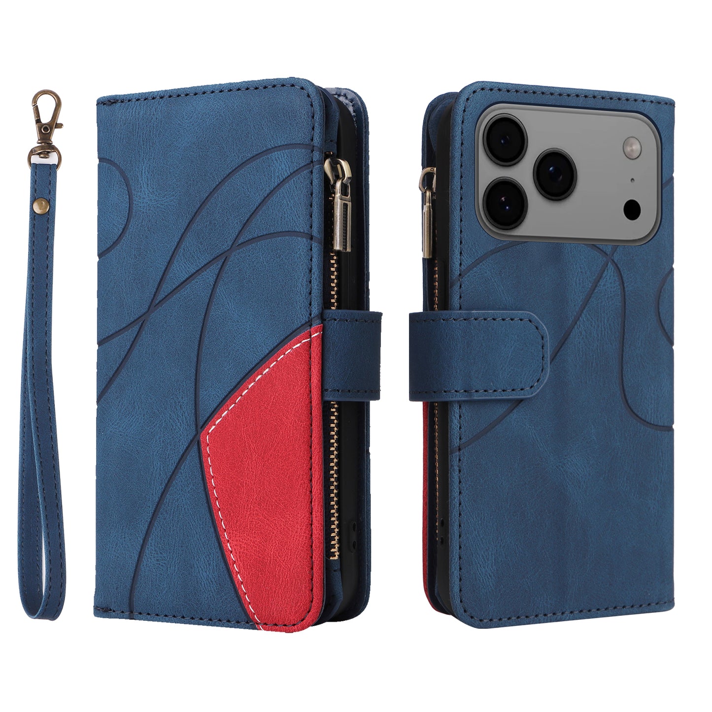For iPhone 17 Pro Max Leather Case with Strap Zipper 9 Card Slot Phone Cover Stand - Blue