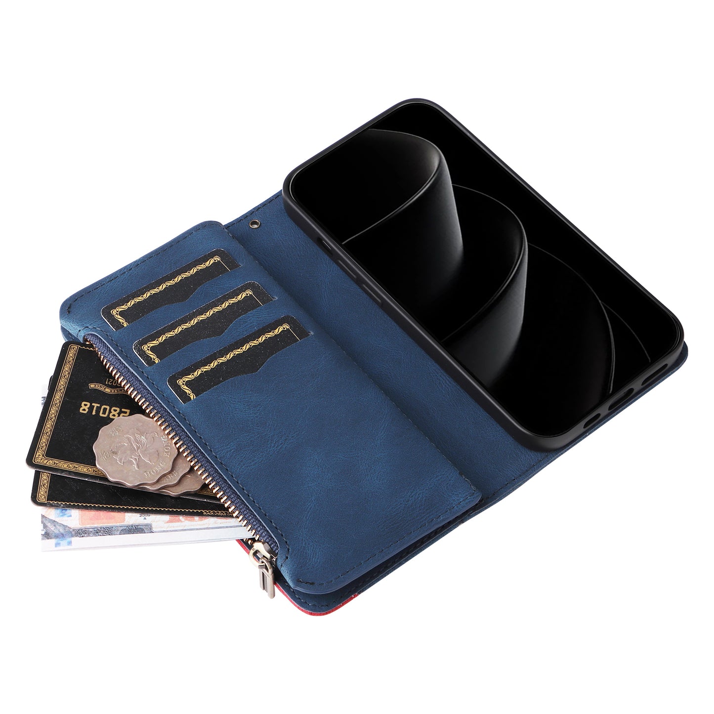 For iPhone 17 Pro Max Leather Case with Strap Zipper 9 Card Slot Phone Cover Stand - Blue