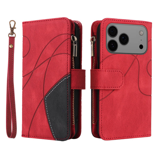 For iPhone 17 Pro Max Leather Case with Strap Zipper 9 Card Slot Phone Cover Stand - Red