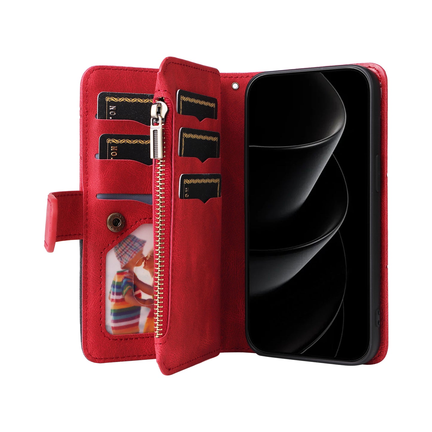 For iPhone 17 Pro Max Leather Case with Strap Zipper 9 Card Slot Phone Cover Stand - Red