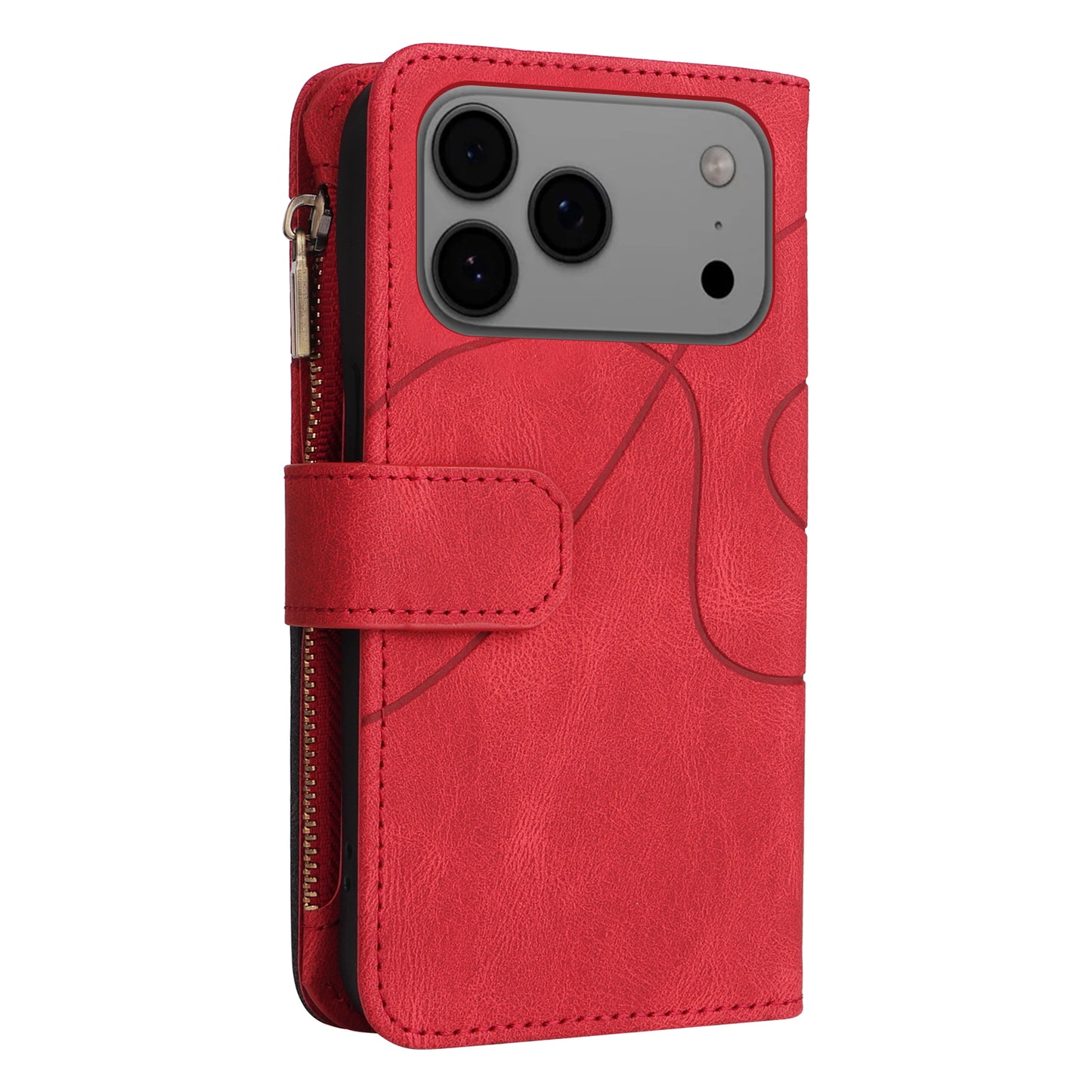 For iPhone 17 Pro Max Leather Case with Strap Zipper 9 Card Slot Phone Cover Stand - Red
