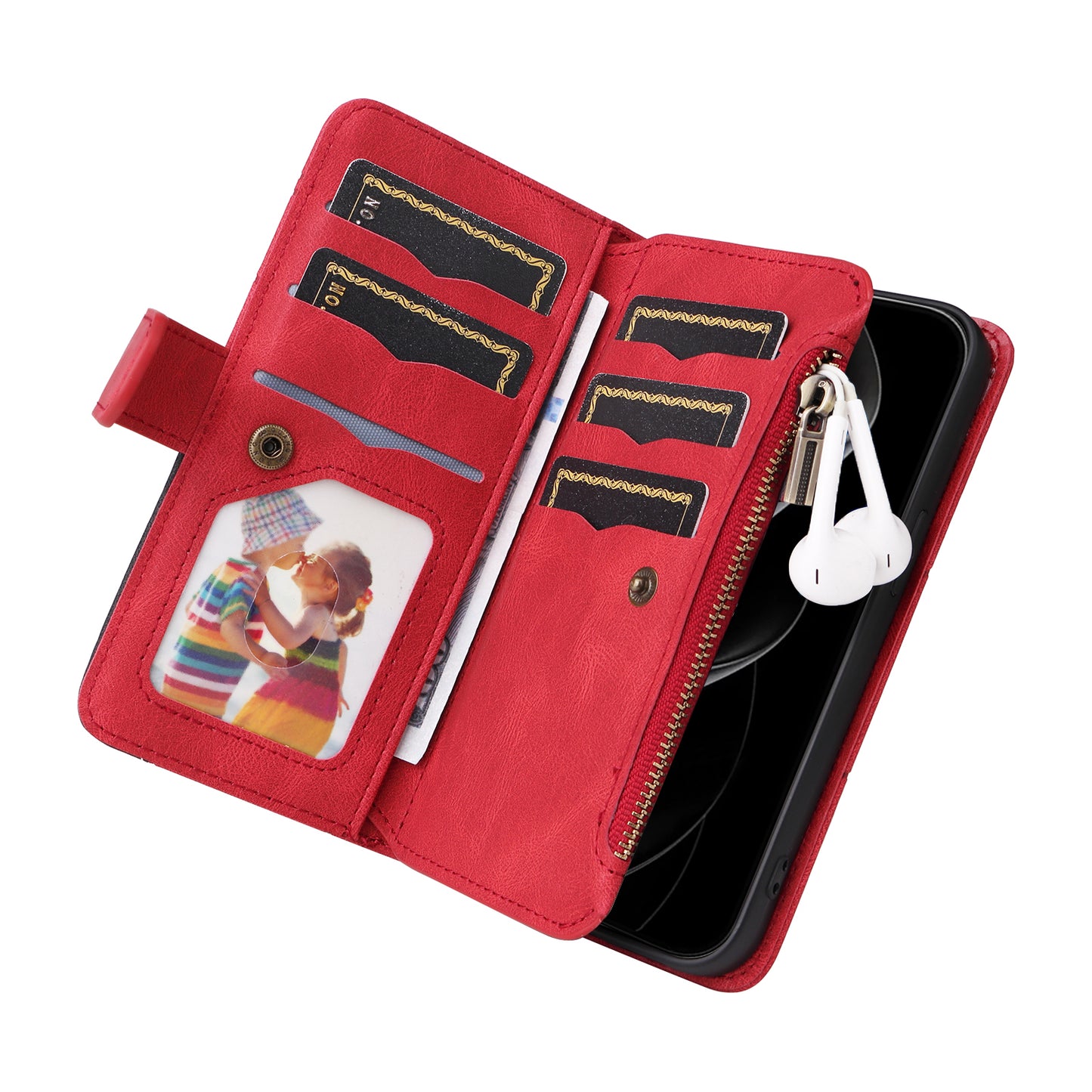 For iPhone 17 Pro Max Leather Case with Strap Zipper 9 Card Slot Phone Cover Stand - Red