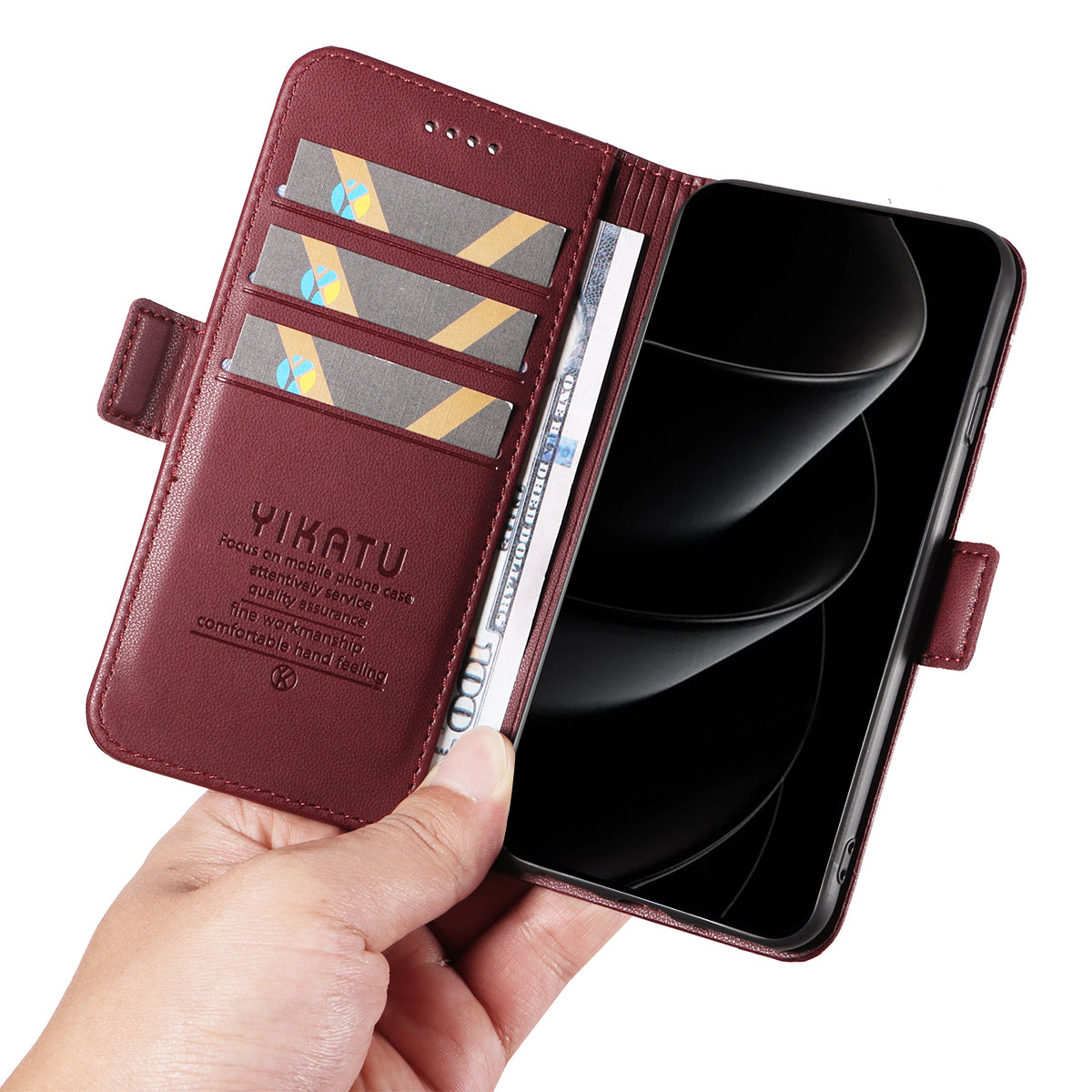 For iPhone 17 Pro Max Wallet Phone Case YIKATU YK-003 Leather Stand Cover - Wine Red