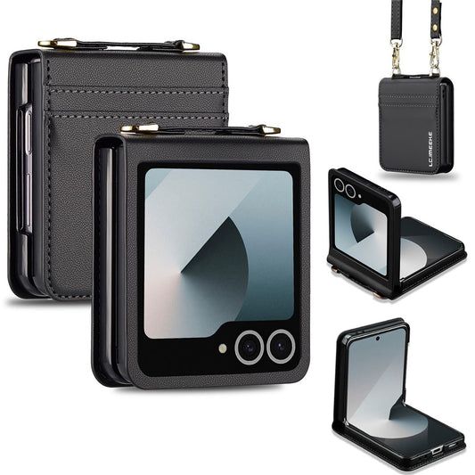 LC.IMEEKE L1 Series For Samsung Galaxy Z Flip7 5G Case Card Holder Leather Phone Cover with Shoulder Strap / Wrist Strap - Black