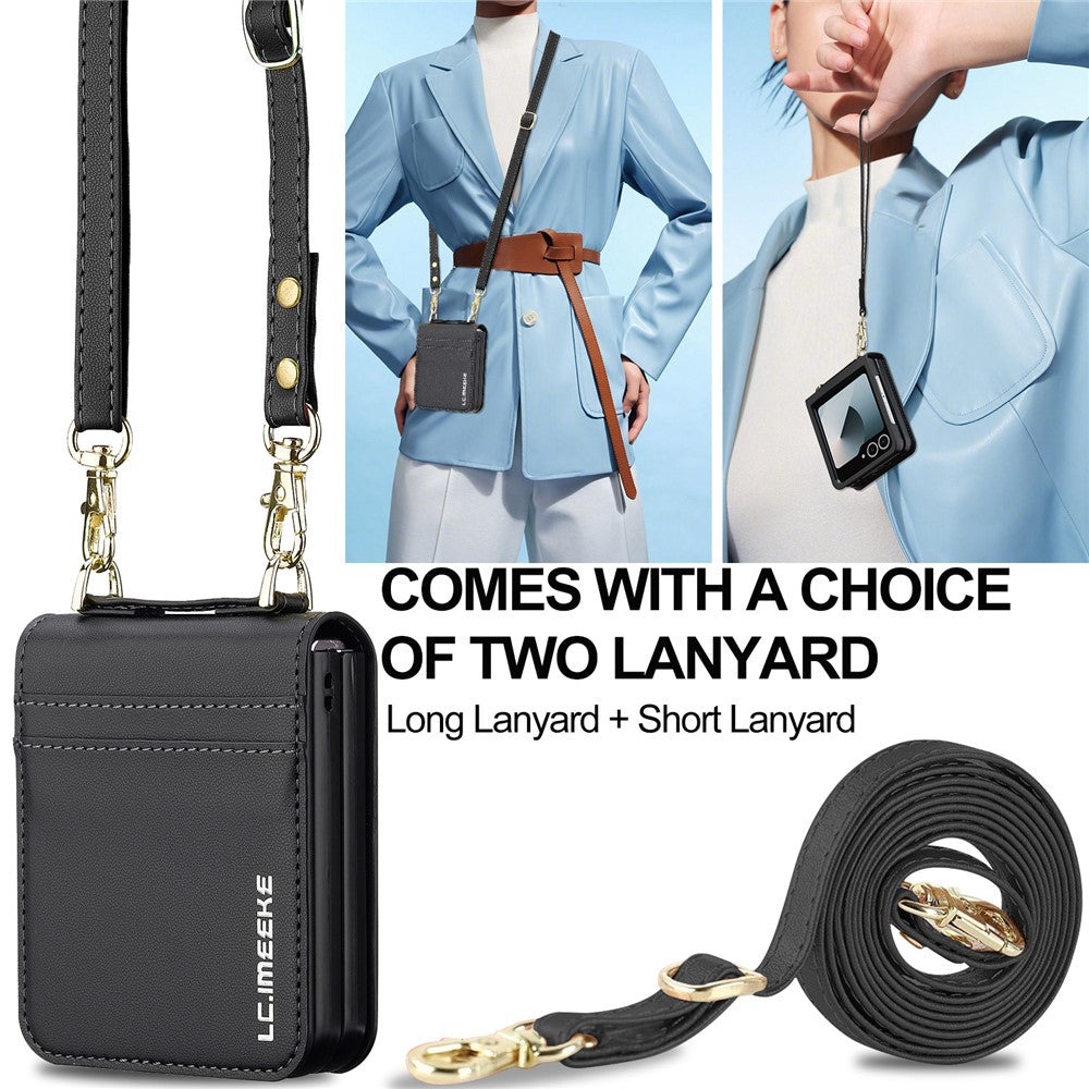 LC.IMEEKE L1 Series For Samsung Galaxy Z Flip7 5G Case Card Holder Leather Phone Cover with Shoulder Strap / Wrist Strap - Black