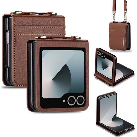 LC.IMEEKE L1 Series For Samsung Galaxy Z Flip7 5G Case Card Holder Leather Phone Cover with Shoulder Strap / Wrist Strap - Brown