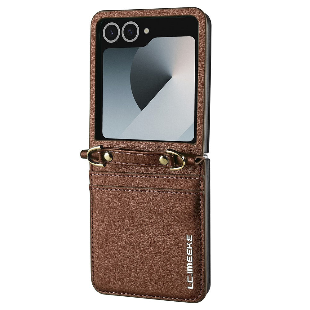LC.IMEEKE L1 Series For Samsung Galaxy Z Flip7 5G Case Card Holder Leather Phone Cover with Shoulder Strap / Wrist Strap - Brown