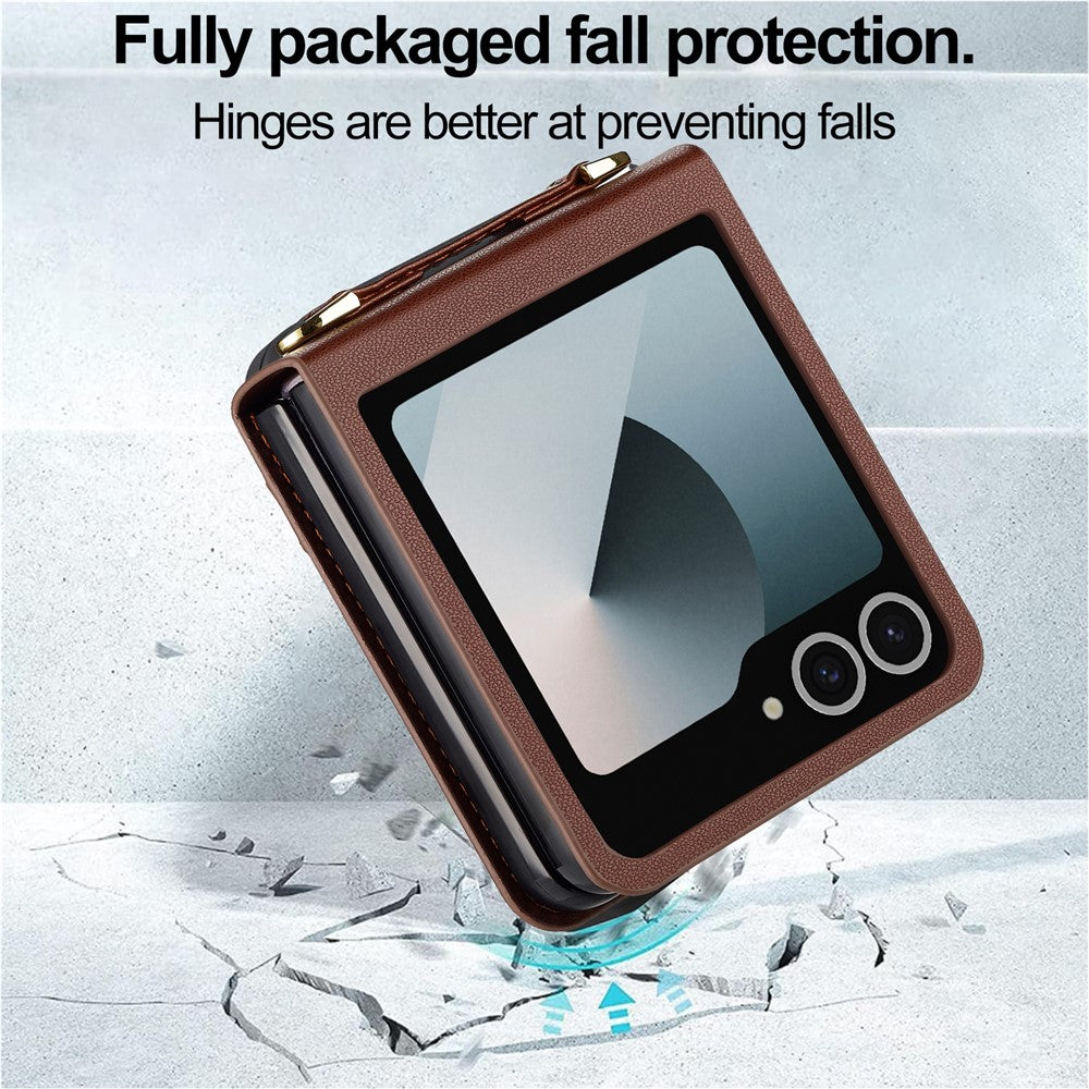 LC.IMEEKE L1 Series For Samsung Galaxy Z Flip7 5G Case Card Holder Leather Phone Cover with Shoulder Strap / Wrist Strap - Brown