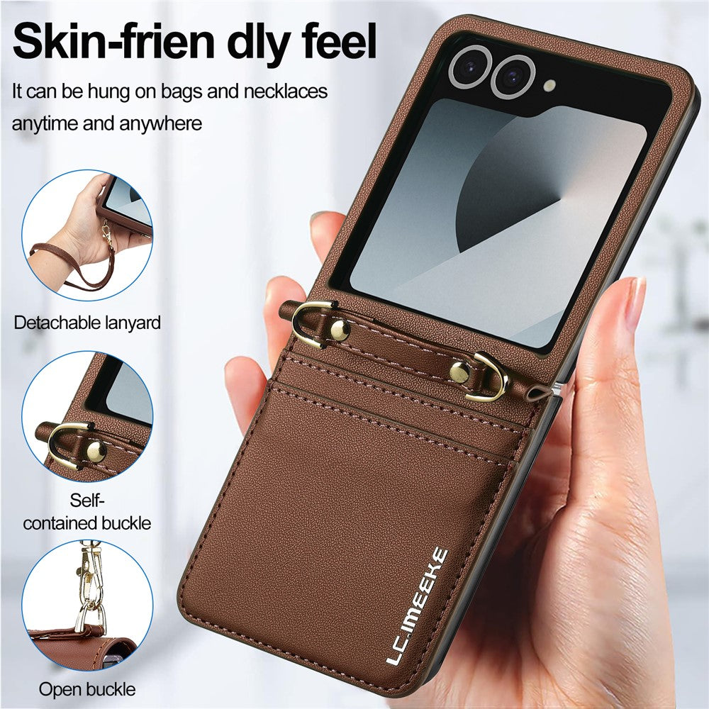 LC.IMEEKE L1 Series For Samsung Galaxy Z Flip7 5G Case Card Holder Leather Phone Cover with Shoulder Strap / Wrist Strap - Brown