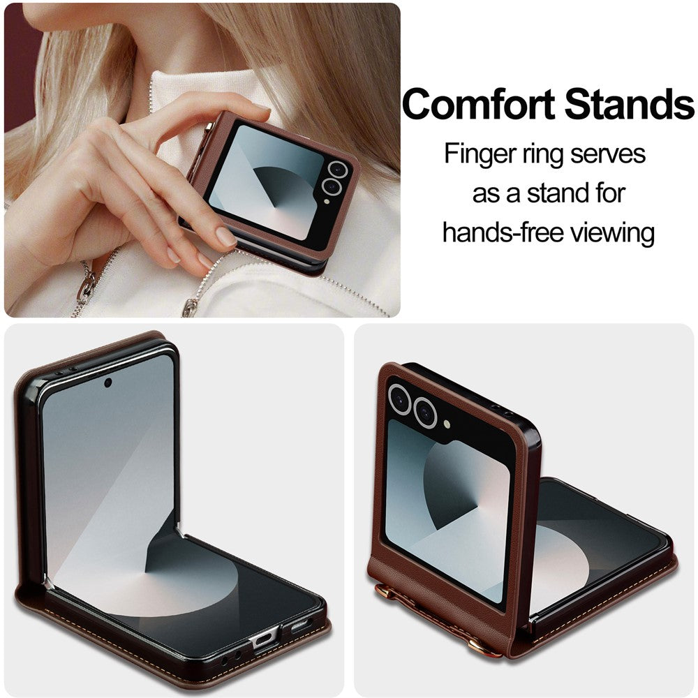 LC.IMEEKE L1 Series For Samsung Galaxy Z Flip7 5G Case Card Holder Leather Phone Cover with Shoulder Strap / Wrist Strap - Brown