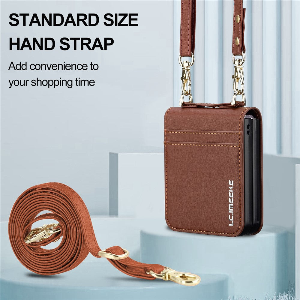 LC.IMEEKE L1 Series For Samsung Galaxy Z Flip7 5G Case Card Holder Leather Phone Cover with Shoulder Strap / Wrist Strap - Brown