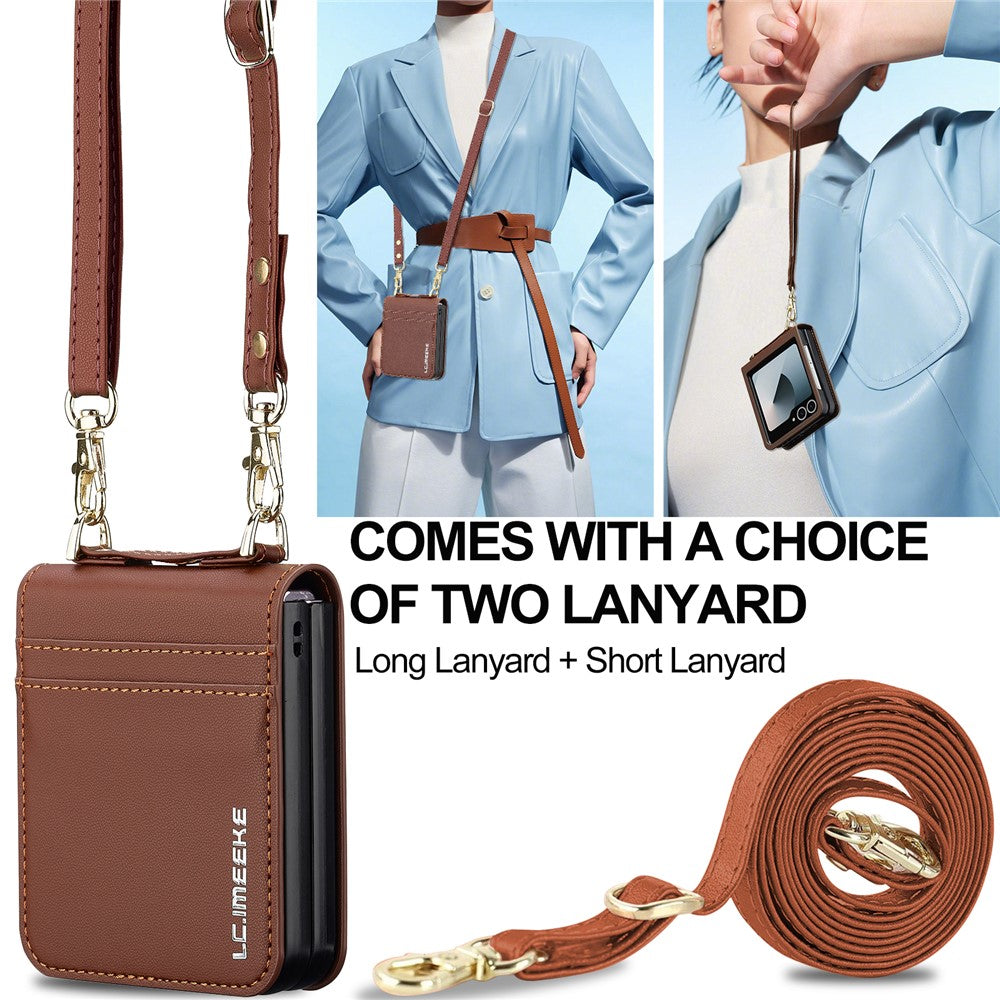 LC.IMEEKE L1 Series For Samsung Galaxy Z Flip7 5G Case Card Holder Leather Phone Cover with Shoulder Strap / Wrist Strap - Brown