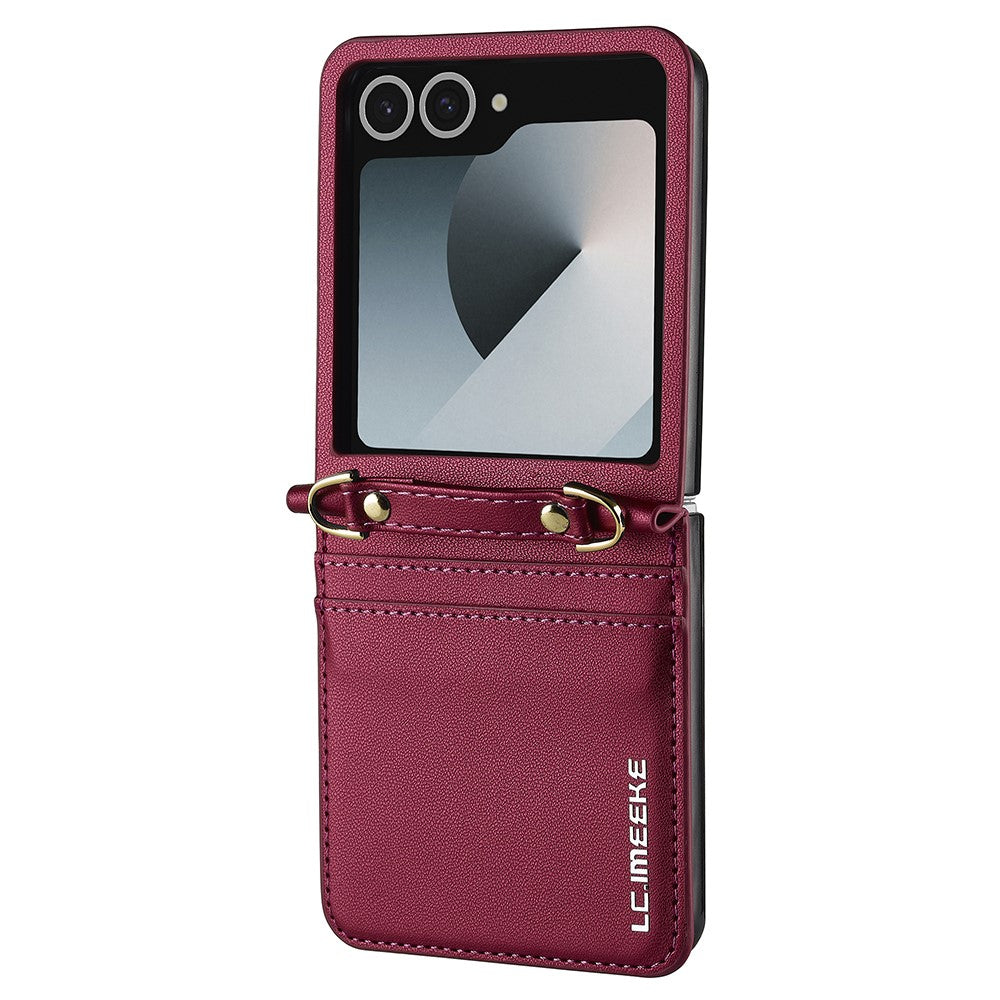 LC.IMEEKE L1 Series For Samsung Galaxy Z Flip7 5G Case Card Holder Leather Phone Cover with Shoulder Strap / Wrist Strap - Red