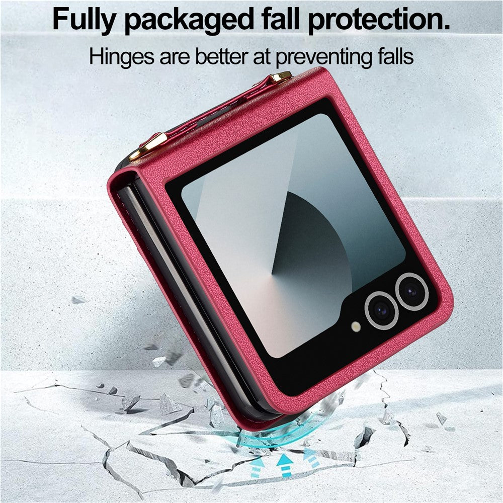 LC.IMEEKE L1 Series For Samsung Galaxy Z Flip7 5G Case Card Holder Leather Phone Cover with Shoulder Strap / Wrist Strap - Red