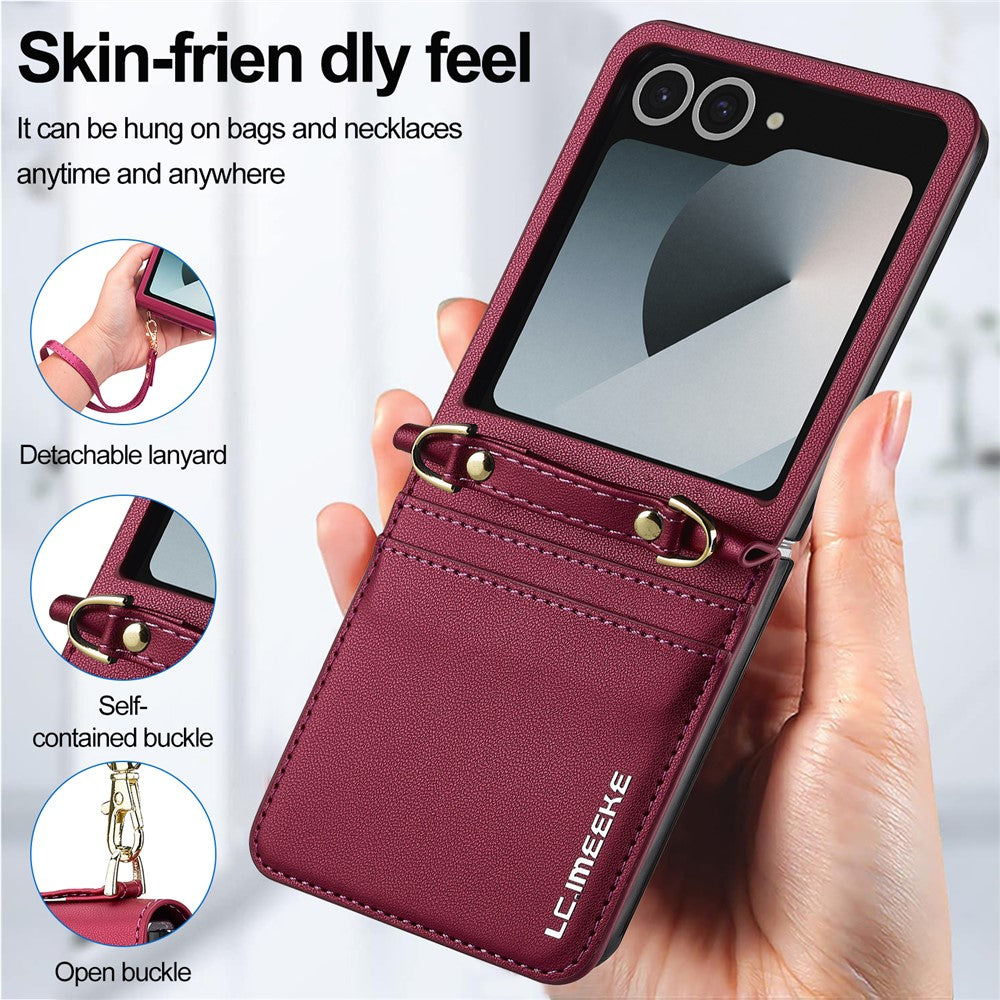 LC.IMEEKE L1 Series For Samsung Galaxy Z Flip7 5G Case Card Holder Leather Phone Cover with Shoulder Strap / Wrist Strap - Red