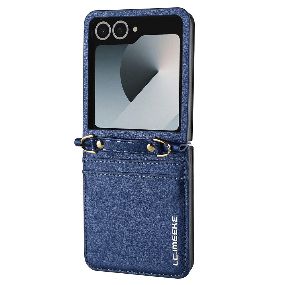 LC.IMEEKE L1 Series For Samsung Galaxy Z Flip7 5G Case Card Holder Leather Phone Cover with Shoulder Strap / Wrist Strap - Blue