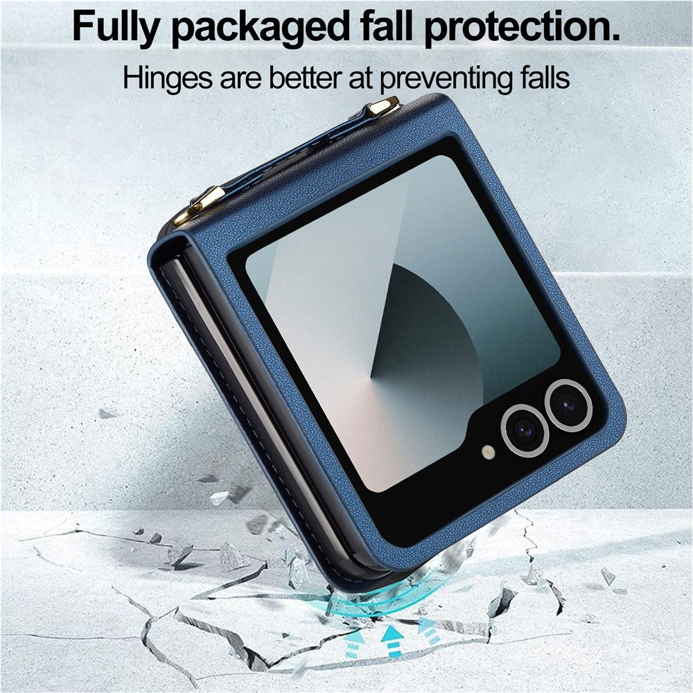 LC.IMEEKE L1 Series For Samsung Galaxy Z Flip7 5G Case Card Holder Leather Phone Cover with Shoulder Strap / Wrist Strap - Blue