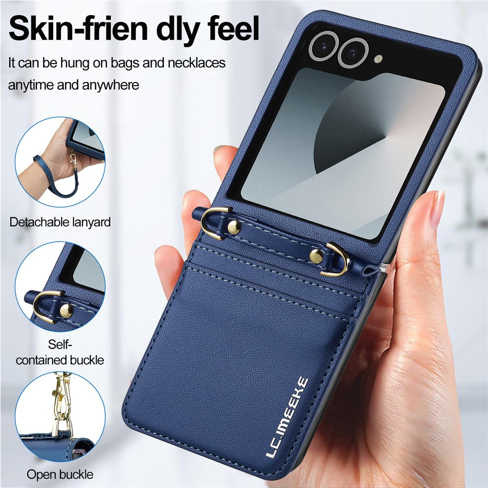 LC.IMEEKE L1 Series For Samsung Galaxy Z Flip7 5G Case Card Holder Leather Phone Cover with Shoulder Strap / Wrist Strap - Blue