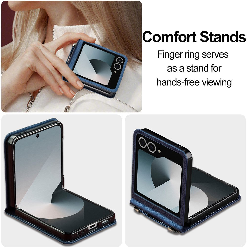 LC.IMEEKE L1 Series For Samsung Galaxy Z Flip7 5G Case Card Holder Leather Phone Cover with Shoulder Strap / Wrist Strap - Blue