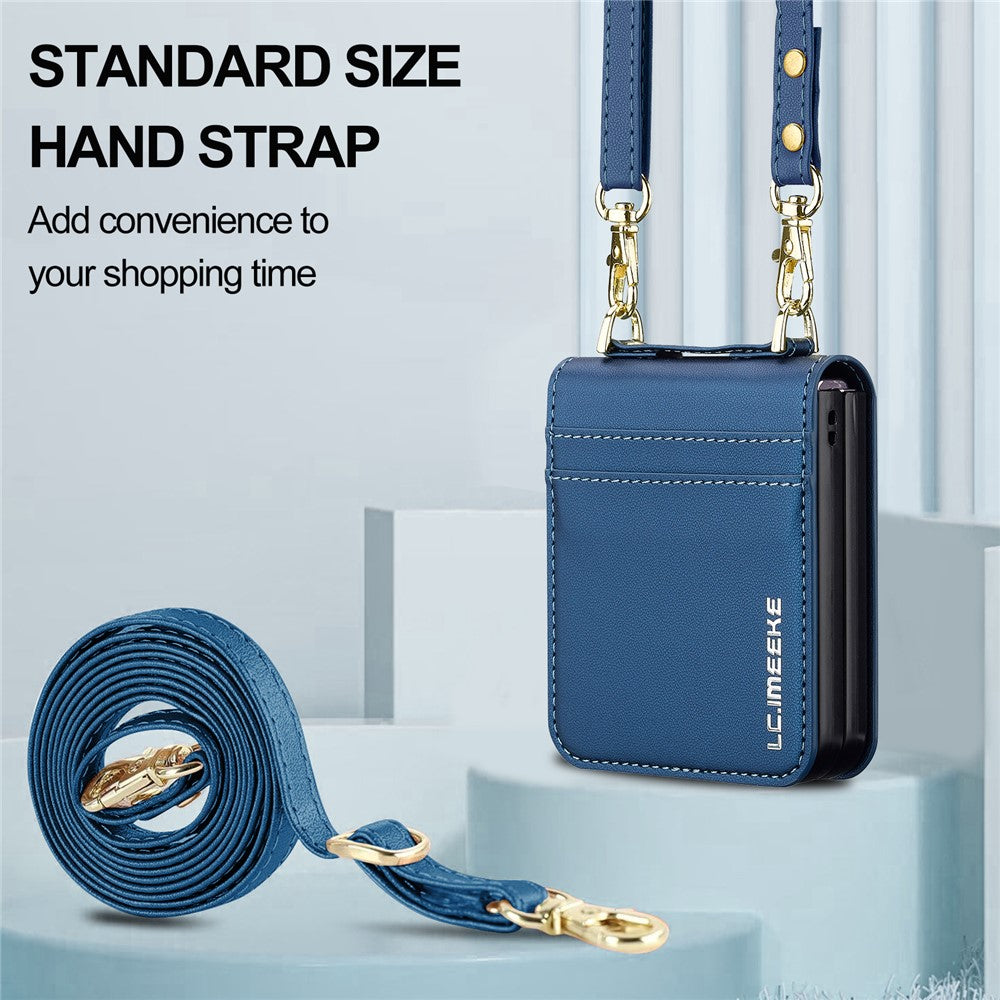 LC.IMEEKE L1 Series For Samsung Galaxy Z Flip7 5G Case Card Holder Leather Phone Cover with Shoulder Strap / Wrist Strap - Blue