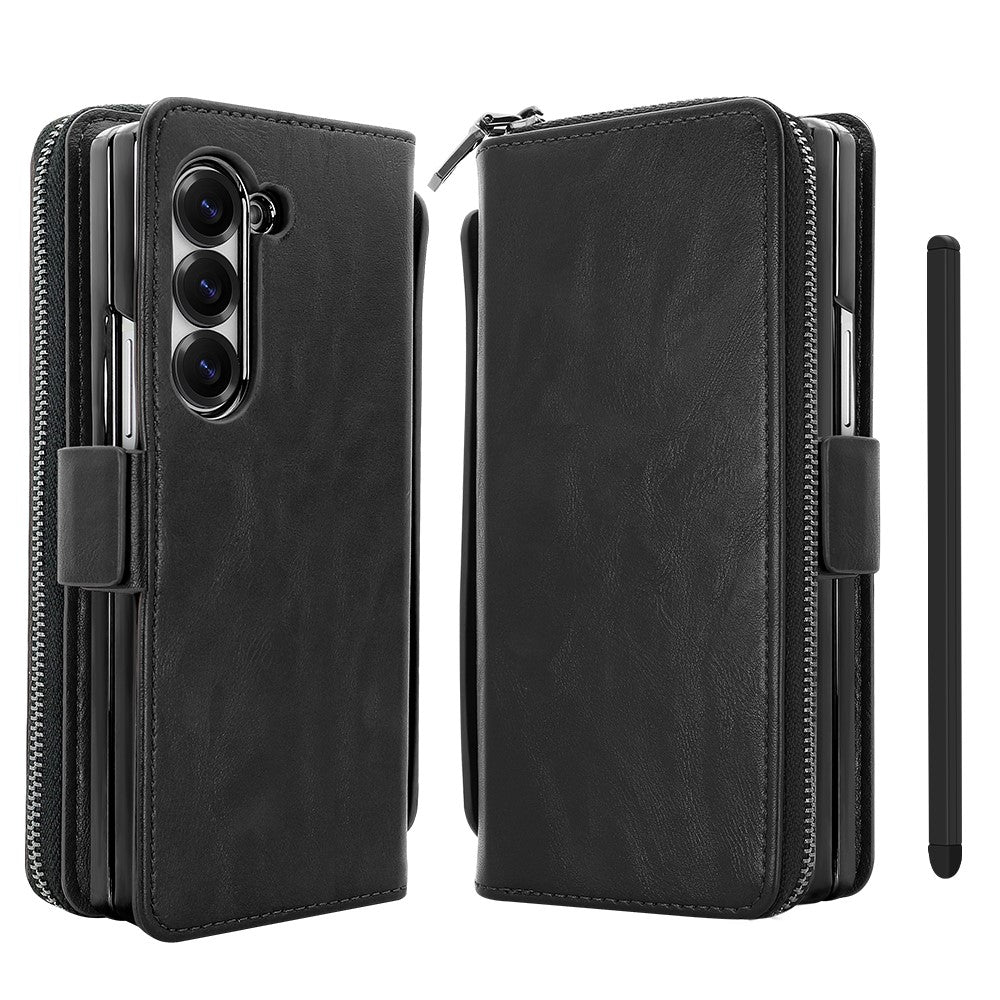 For Samsung Galaxy Z Fold7 5G Case Zipper Pocket Leather Phone Cover with Screen Protector / Stylus Pen - Black