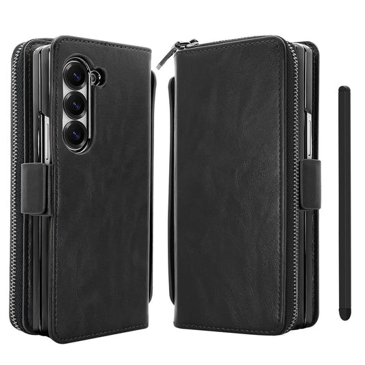 For Samsung Galaxy Z Fold7 5G Case Zipper Pocket Leather Phone Cover with Screen Protector / Stylus Pen - Black