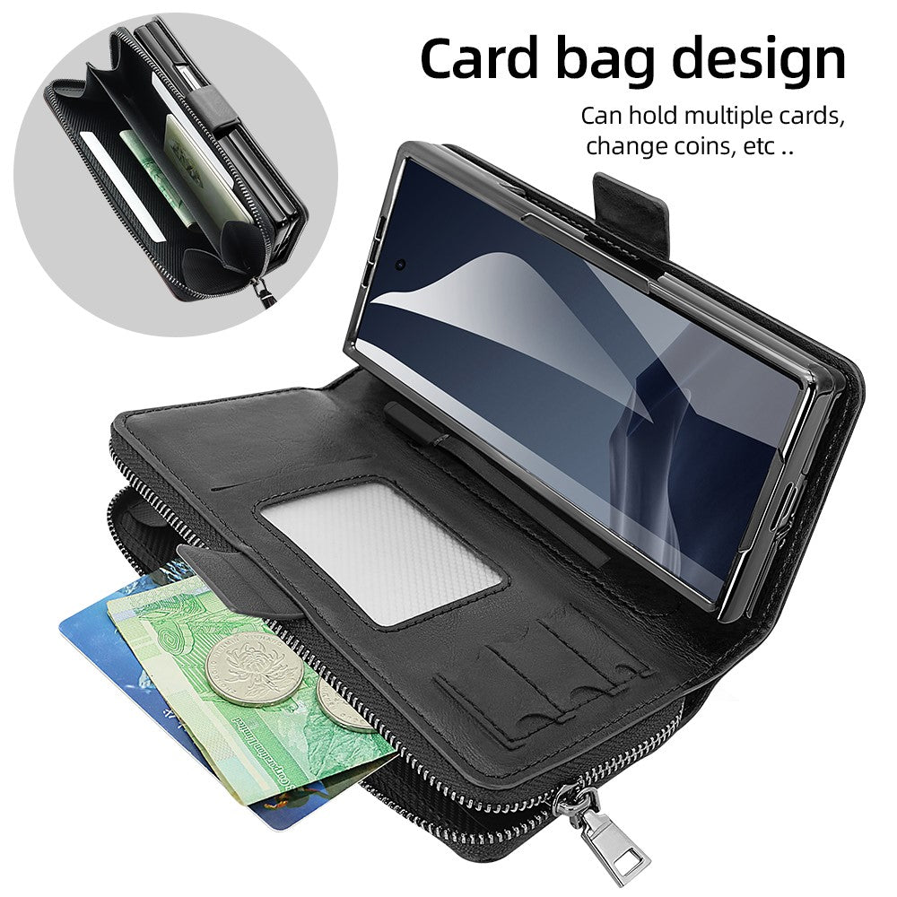 For Samsung Galaxy Z Fold7 5G Case Zipper Pocket Leather Phone Cover with Screen Protector / Stylus Pen - Black